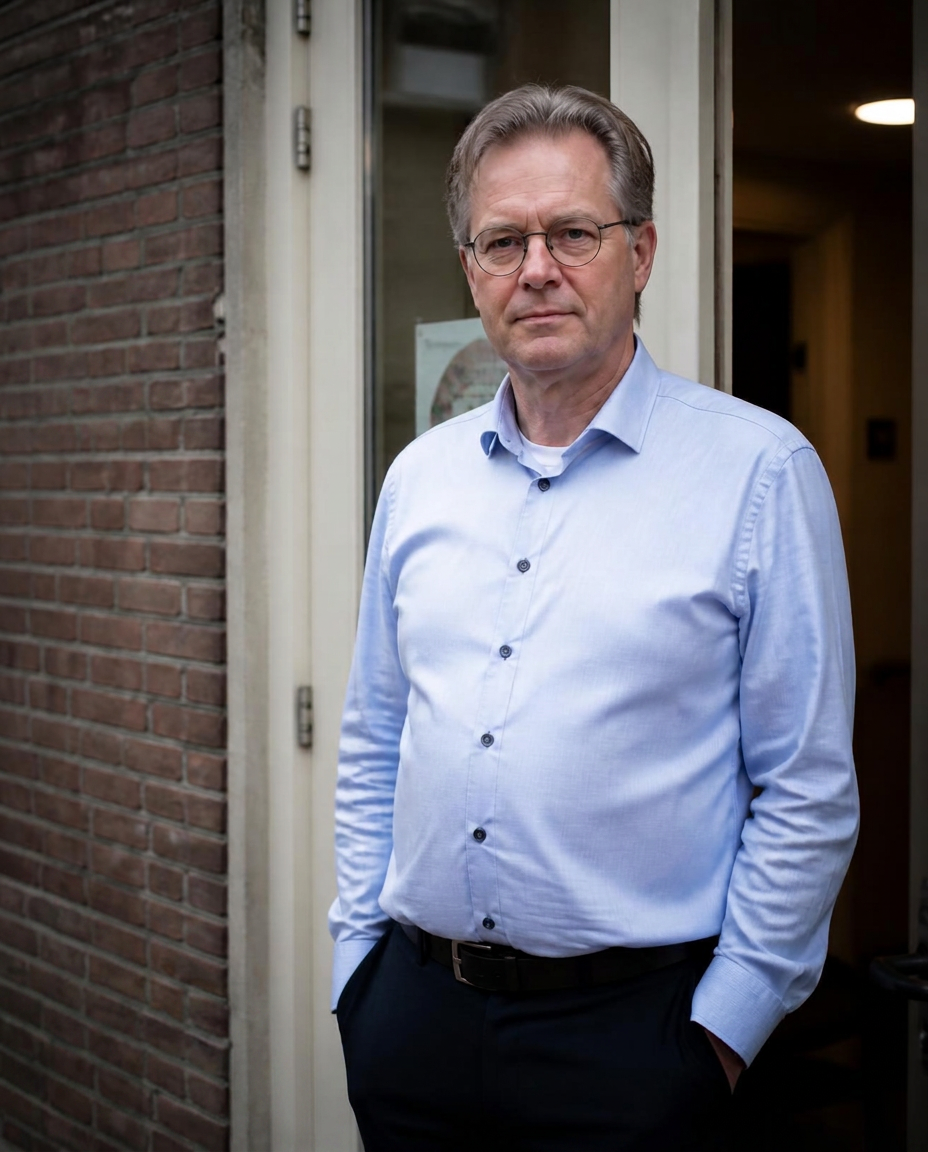 Portret van een zorgondernemer bij de ingang van zijn organisatie